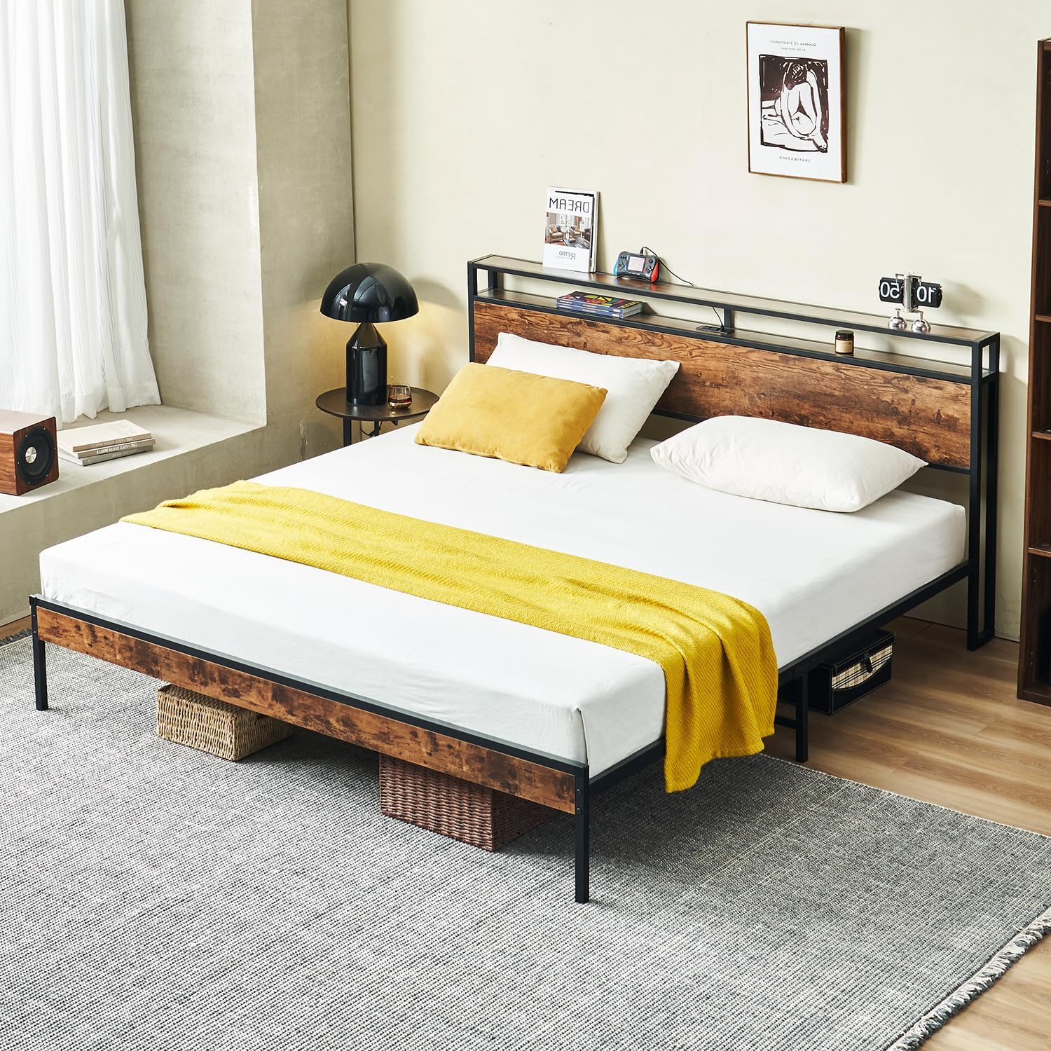 King Bed Frame with Headboard, Metal Platform Bed Frame King Size with Charging Station, 2-Tier Storage Headboard, No Box Spring Needed, Easy Assembly, Brown