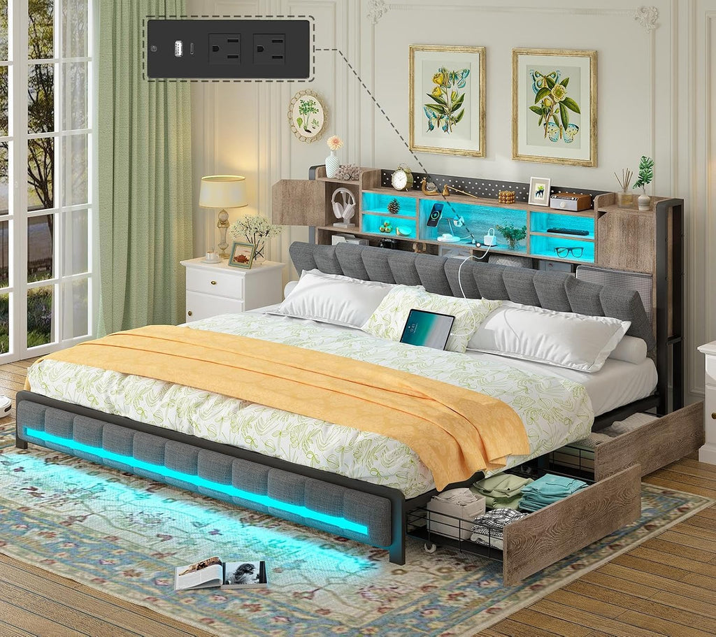 CSZZD King Size Bed Frame and Bookcase Headboard & Storage Drawers, LED Upholstered Platform Bed Frame King Size with USB Charging Station, No Box Spring Needed, Easy Assembly, Oak Gray