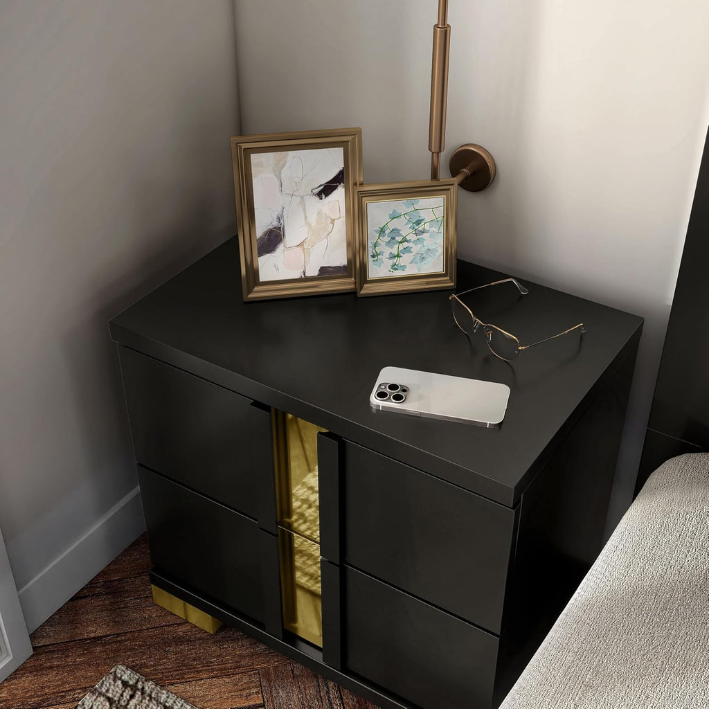 Furniture of America Ansten Modern Wood 6-Piece Platform Bedroom Set with Gold Trim, Underbed LED, Dust Proof Cases, Bracketed Metal Legs, No Box Spring Needed, Full, Black