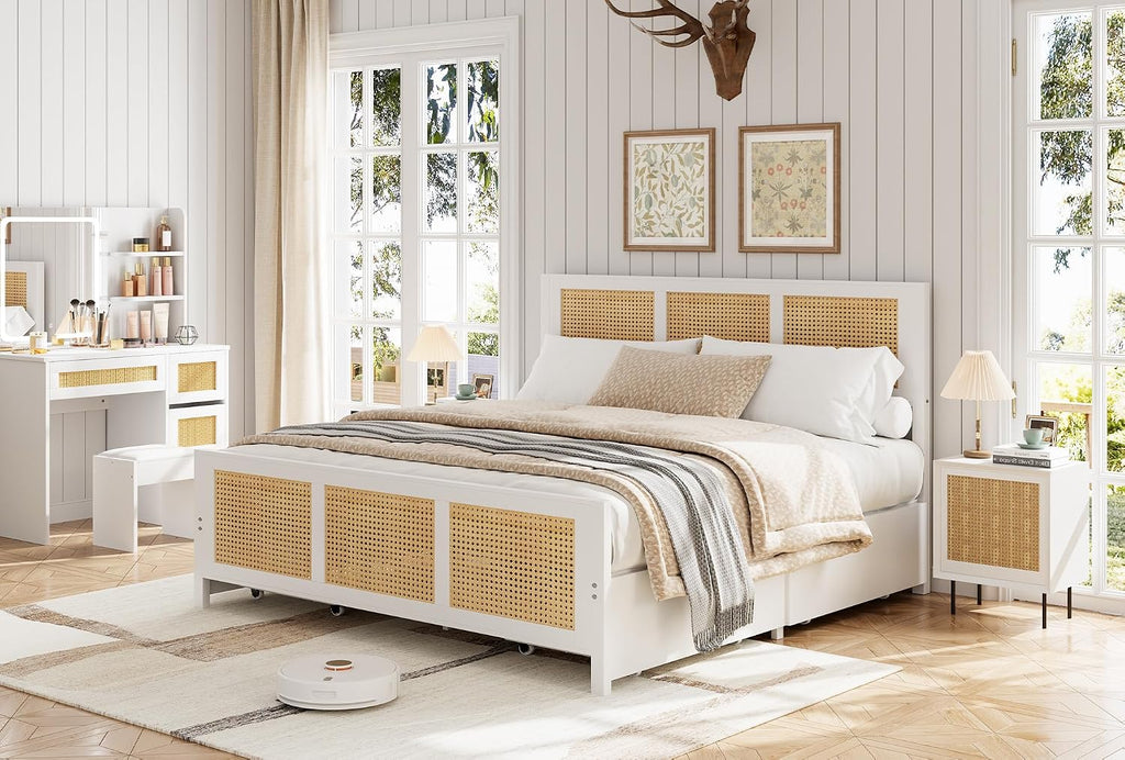 IDEALHOUSE Rattan Bed Frame with Storage Drawers, Boho Full Size Led Bed Frame with Strong Metal Slats Support, No Box Spring Needed, Noise-Free Design, White