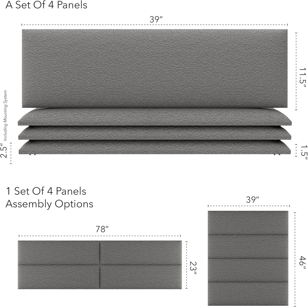 Vänt Upholstered Wall Panels - King/Cal King Size Wall Mounted Headboards - Boucle Grey - Twin/King - Set of 4 Panels (Each Individual Panel 39'x11.5')