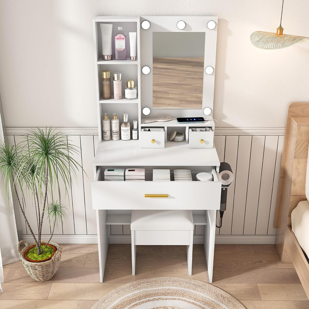 Runboll Small Vanity Desk with Mirror and Lights, Compact Makeup Vanity with Power Strip & Hairdryer Holder, Dressing Table Set with Stool, Drawers & Shelves