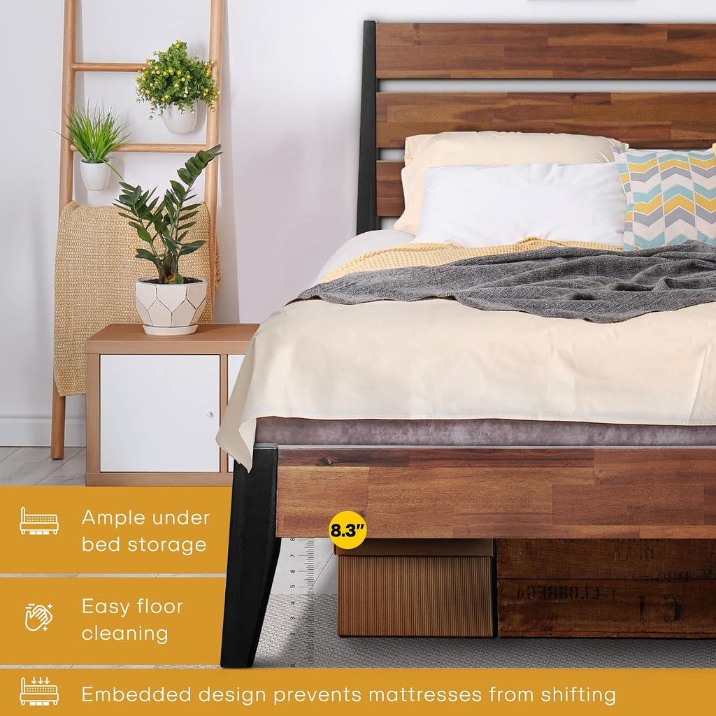 Acacia Emery Bed Frame with Headboard 100% Solid Wood Platform Bed, Scandinavian Bed Style with All Mattresses, Non-Slip and Noise-Free, 30 Mins Assembly, Queen Size Bed Frame, Americano
