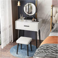 Rieort Makeup Table Cushioned Stool Vanity Benches with Led Lighted Mirror Dressing Table Large Drawers Nightstand Vanity Table Set