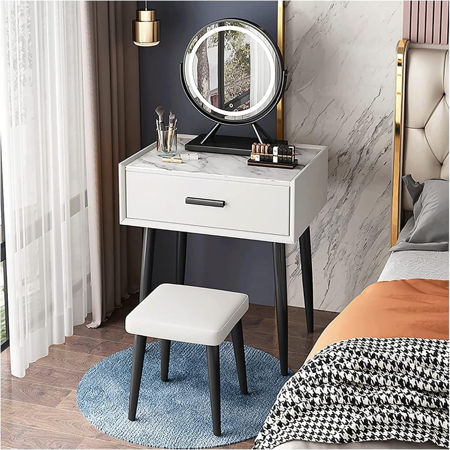 Rieort Makeup Table Cushioned Stool Vanity Benches with Led Lighted Mirror Dressing Table Large Drawers Nightstand Vanity Table Set