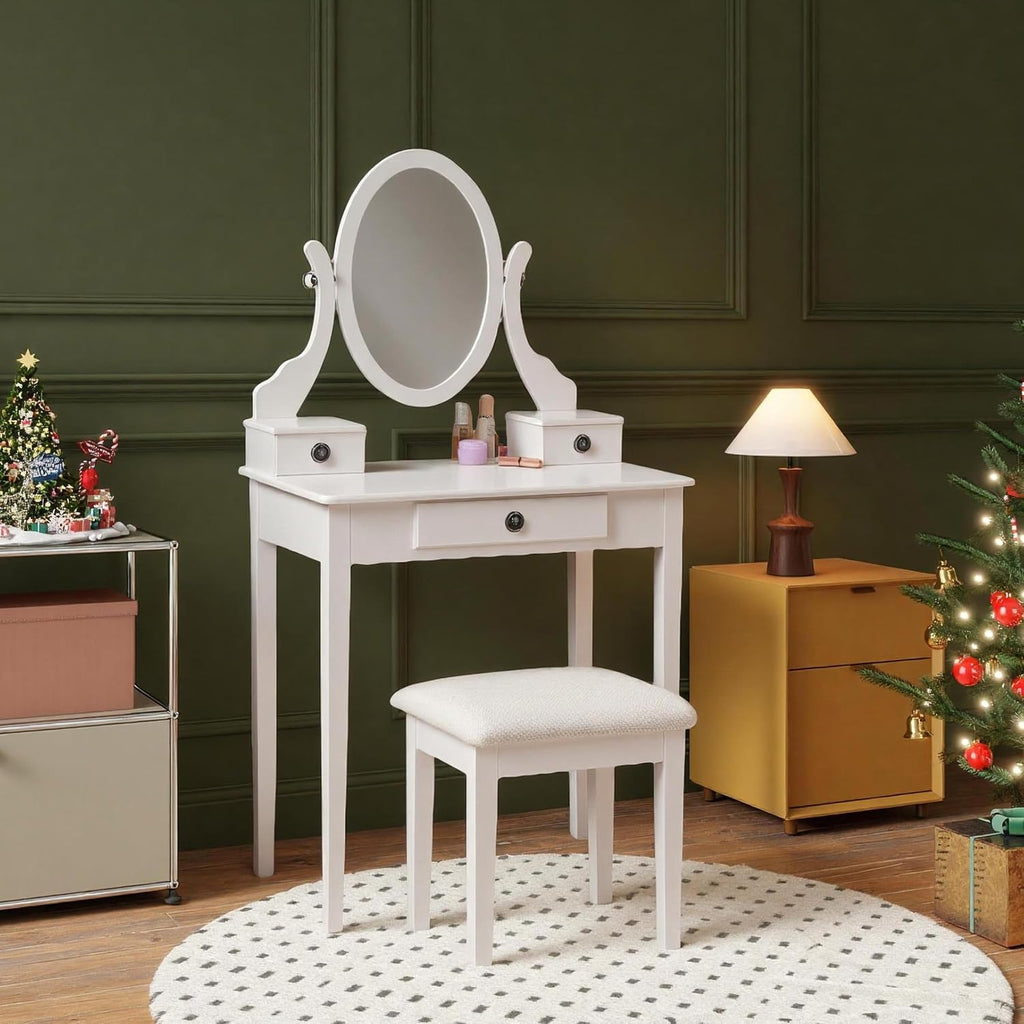 Roundhill Furniture Moniya White Wood Vanity Table and Stool Set (3415WH) Medium