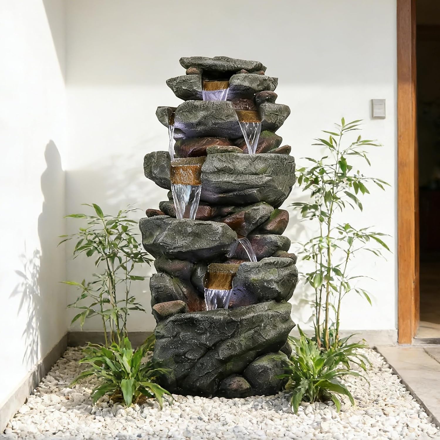 Naturefalls 40.55inches High Outdoor Rock Water Fountain with LED Lights - 6-Tiers Poly-Resin Cascading Waterfall Fountain for Garden, Patio, Yard, Home Decor