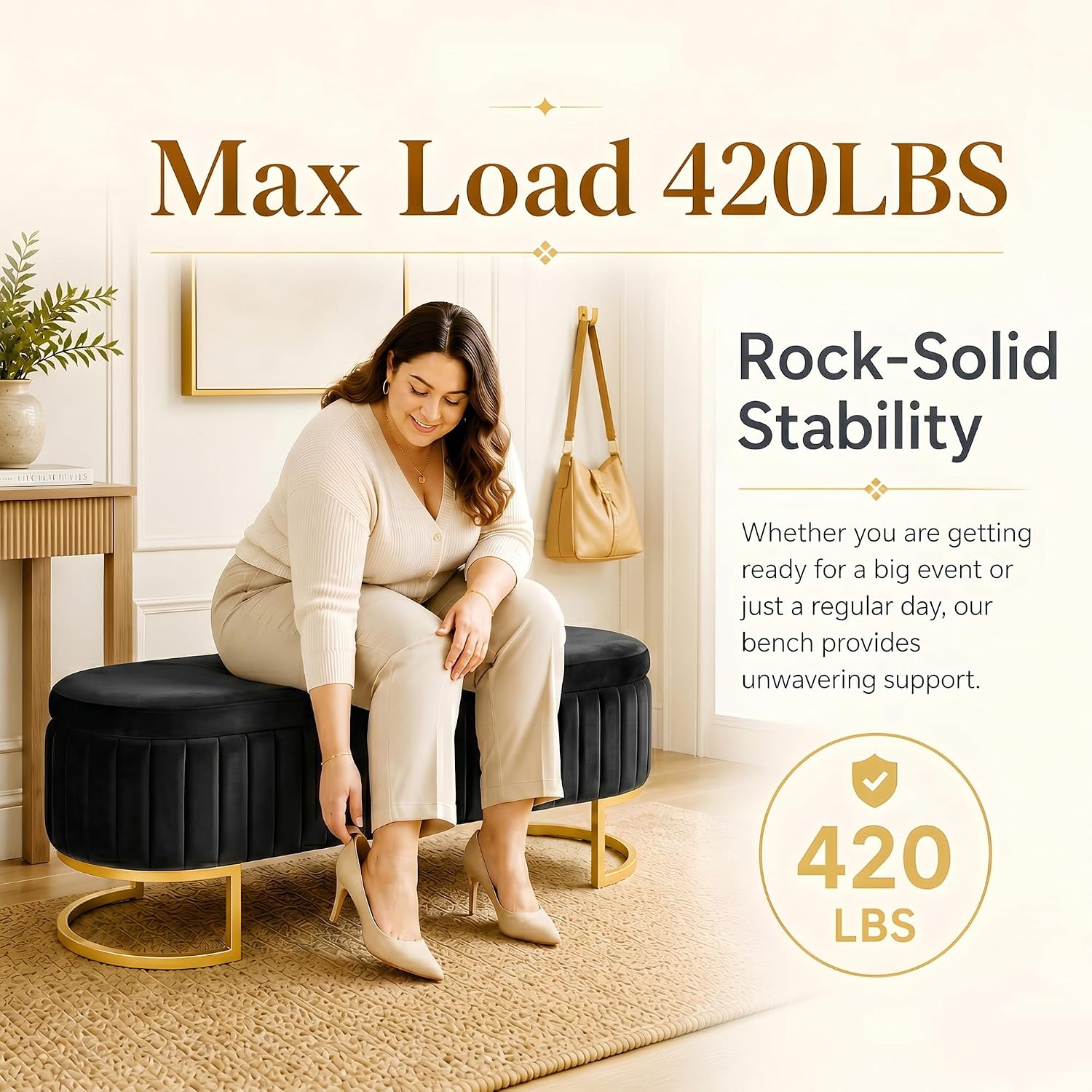 50.5' Modern Velvet Storage Bench, Luxury Channeled Queen Size End of Bed Bench with Hidden Storage and Gold Legs, Modern Glam Ottoman Bench for Bedroom, Living Room, Entryway, Black