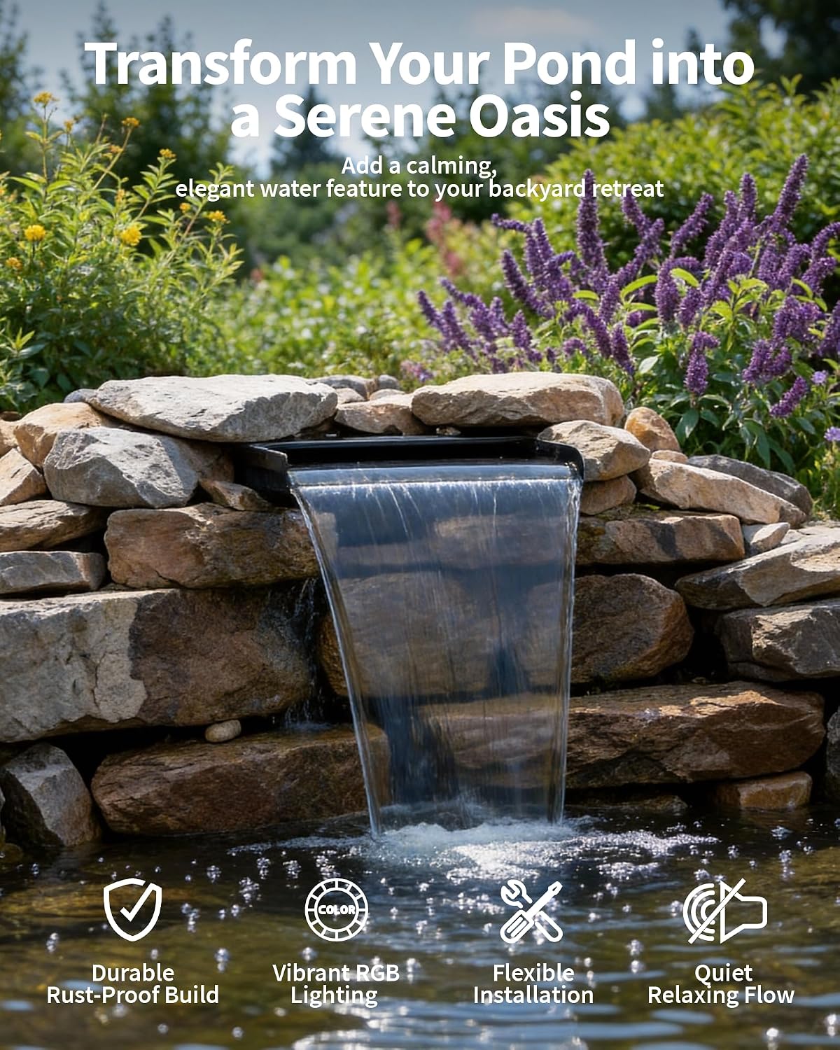POPOSOAP 55W Solar Pond Waterfall Spillway with Fountain Pump, 304 Stainless Steel Pond Spillway & Filtration System with 9.8FT Tubing for Garden Ponds Landscape Water Features-P5552Y