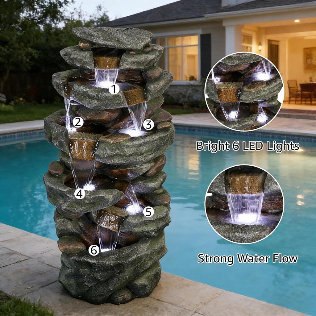 Naturefalls 40.55inches High Outdoor Rock Water Fountain with LED Lights - 6-Tiers Poly-Resin Cascading Waterfall Fountain for Garden, Patio, Yard, Home Decor
