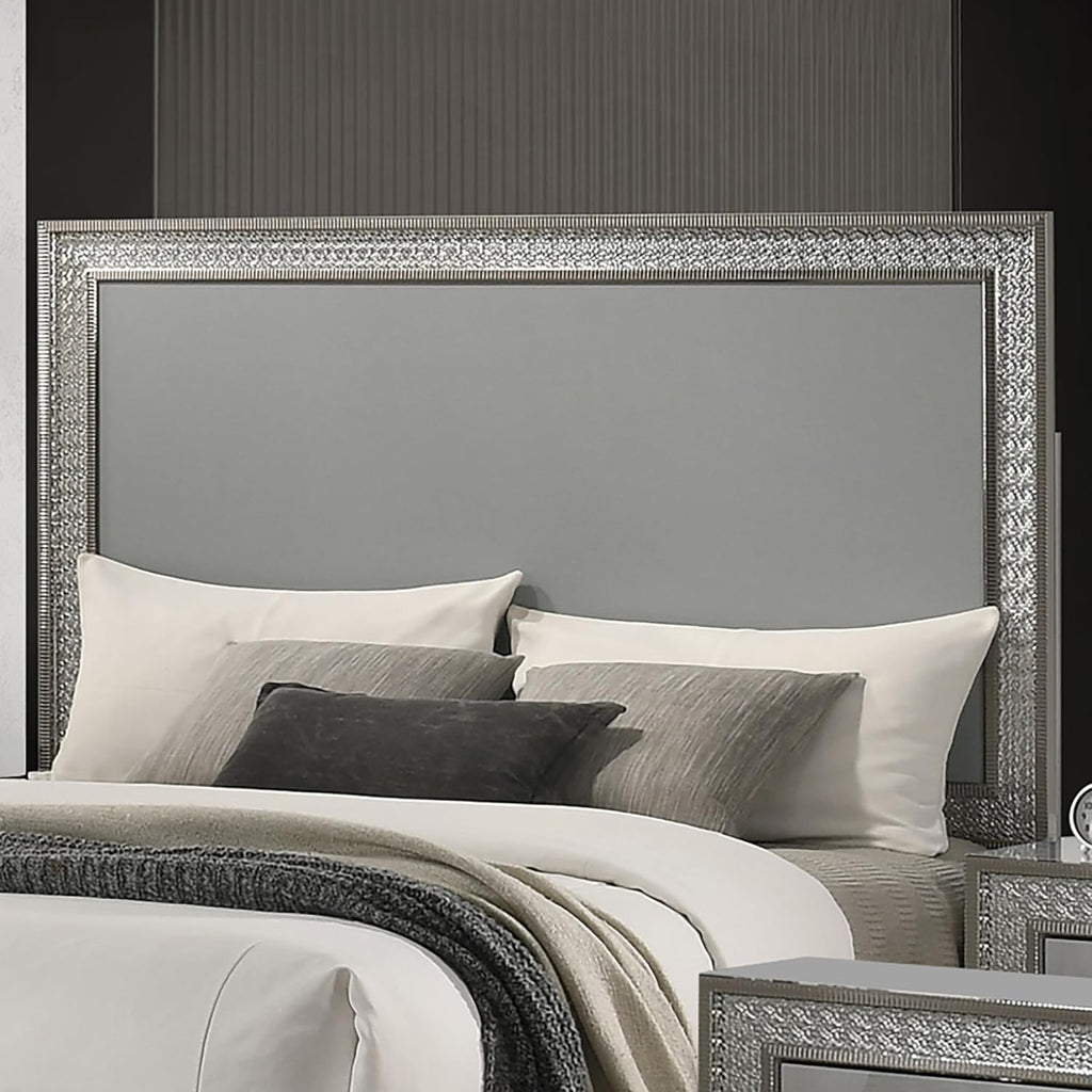 Furniture of America Kiria Glam Solid Wood 3-Piece Bedroom Set with Platform Bed, Metallic Scale Molding Trim and Felt-Lined Top Drawer on Nightstand, No Box Spring Needed, King, Metallic Gray