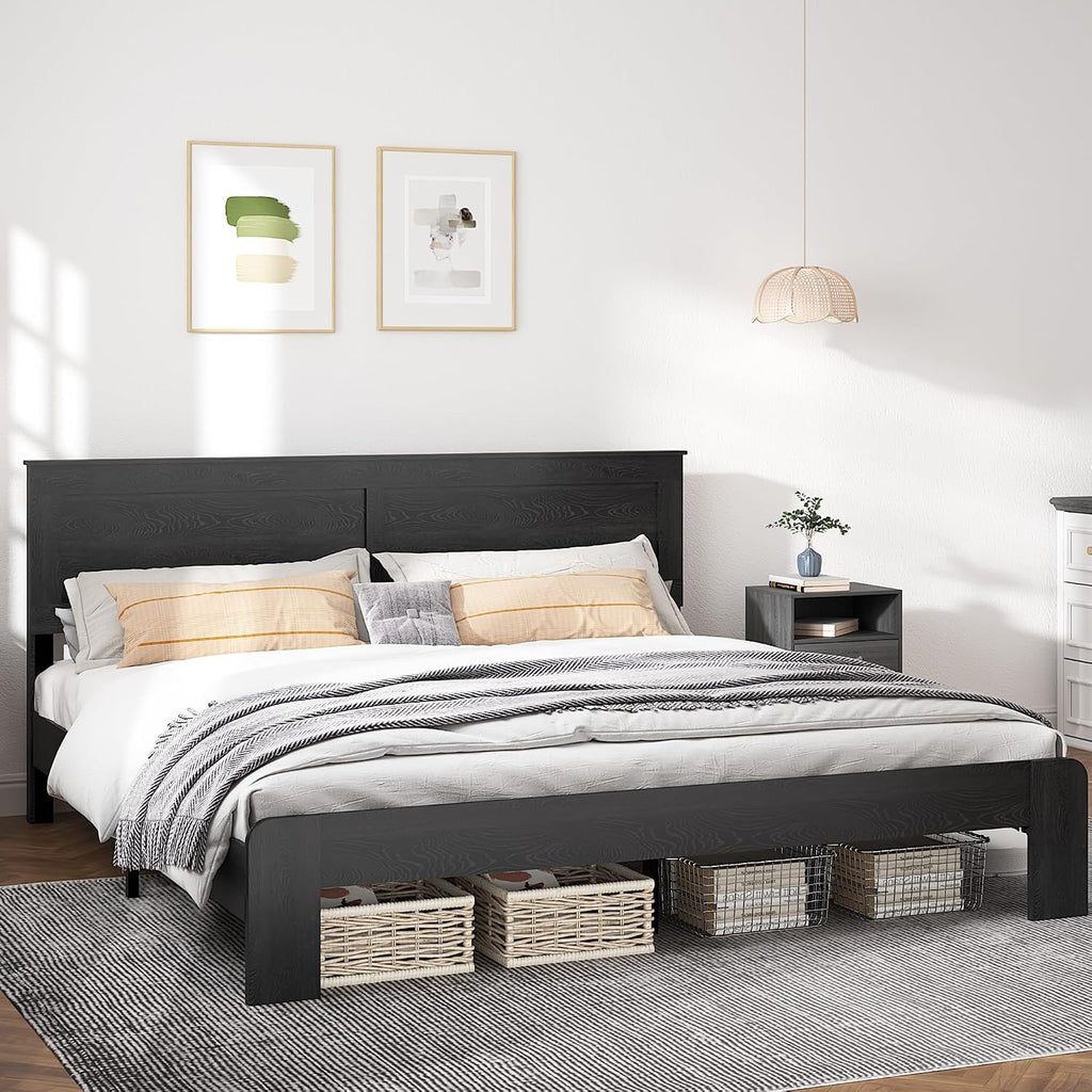 NNOOTK King Size Bed Frame, Rustic Vintage Platform Bed Frame with Wood Headboard and Footboard, 12 Wood Slats Support, No Box Spring Needed (Black, King)