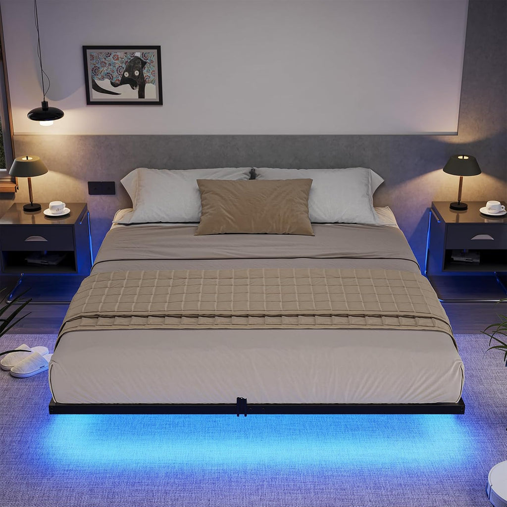 DICTAC Floating Bed Frame California King Size with LED Lights, Metal Platform Cal King Bed with Heavy Duty Steel Slats and 4 Mattress Slide Stopper, Black