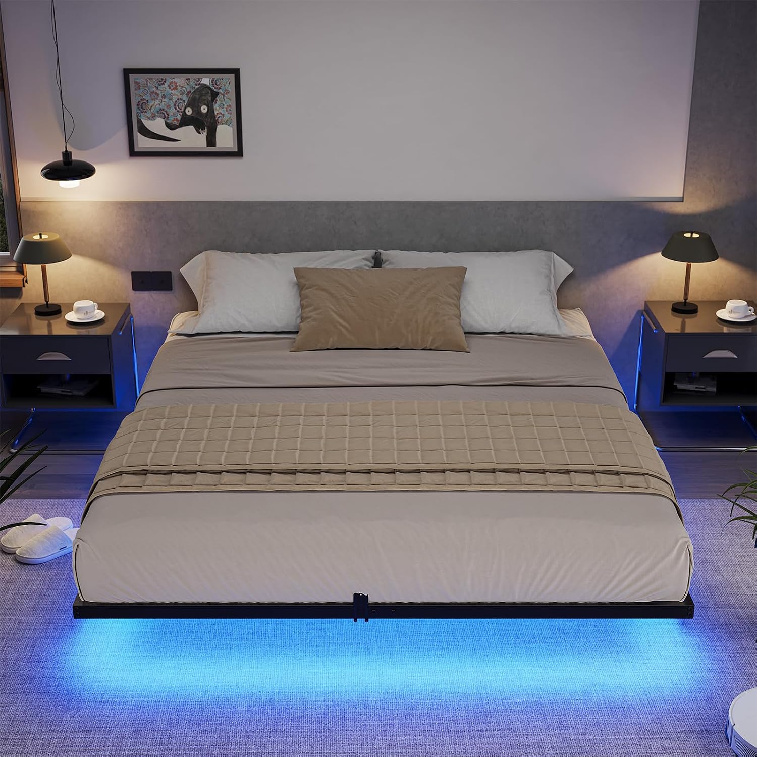 DICTAC Floating Bed Frame California King Size with LED Lights, Metal Platform Cal King Bed with Heavy Duty Steel Slats and 4 Mattress Slide Stopper, Black