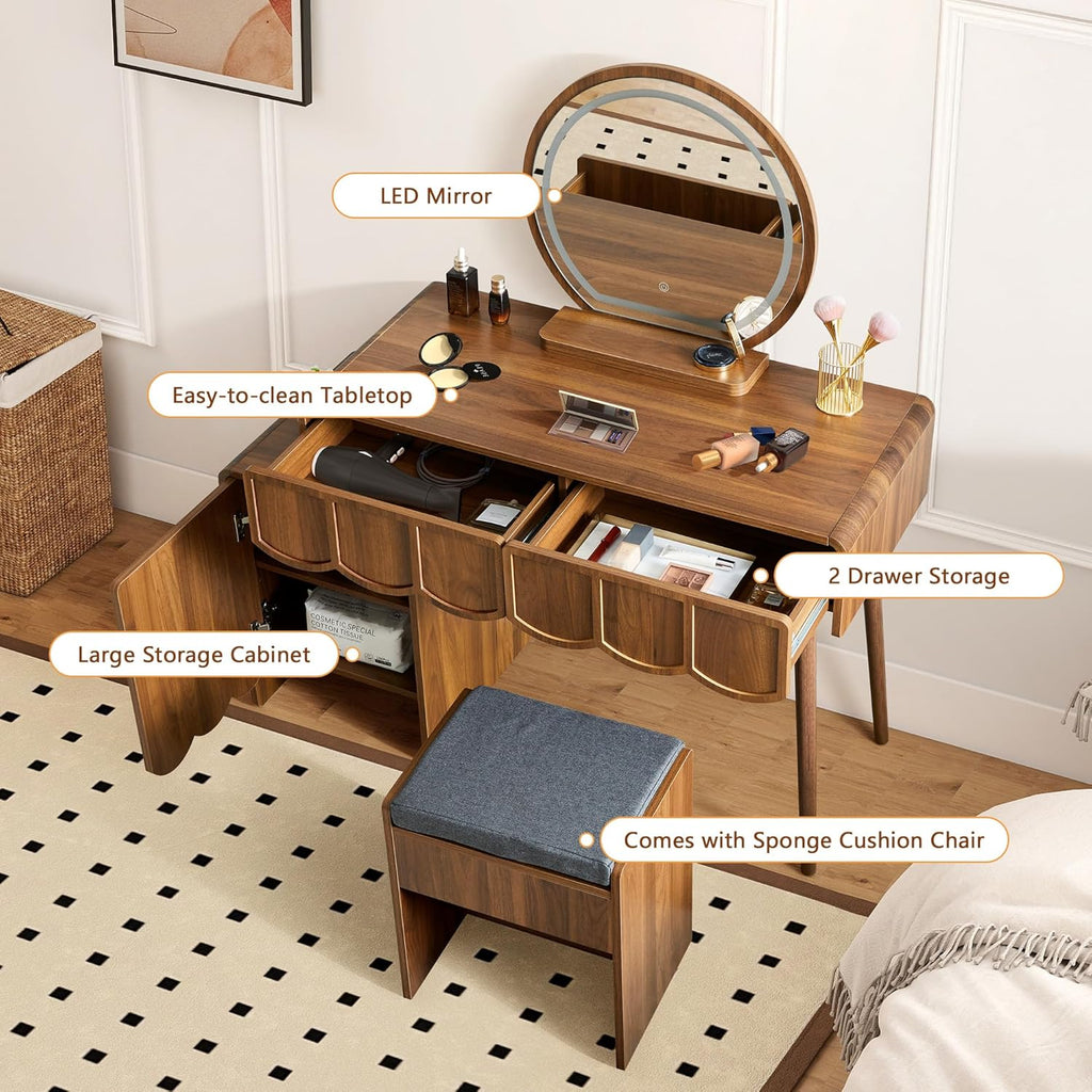 ORRD Vanity Desk with Mirror and Lights, Modern Wood Wave Panel Vanity Desk Set Makeup Table with Drawers and Cabinet, Dressing Table with Storage for Bedroom, Walnut