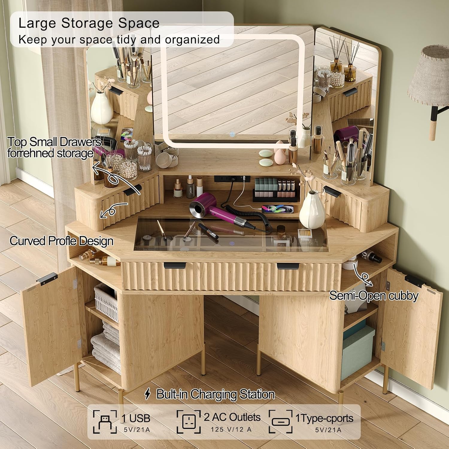Modern 48'' Fluted Makeup Vanity Desk with HD Triple Mirror & LED Lights – Spacious Corner Dressing Table with Glass Top, 3 Drawers & 2 Cabinets for Stylish Bedroom Decor (Oak)