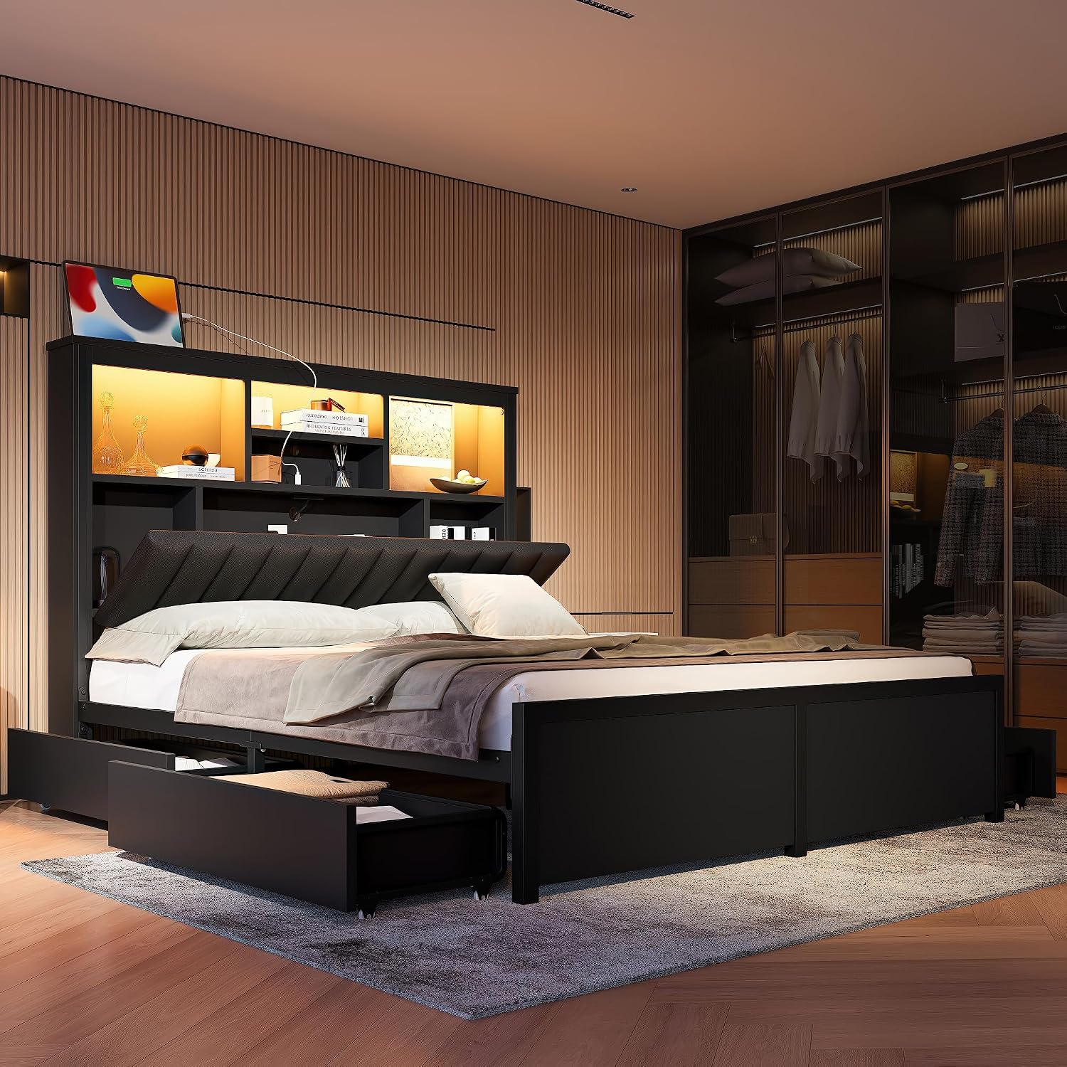 King Bed Frame with Storage Drawers & High Storage Headboard, Metal King Size Bed Frame with Headboard, LED Light & Charging Station, Black King Size Bed Frame, No Box Spring Needed