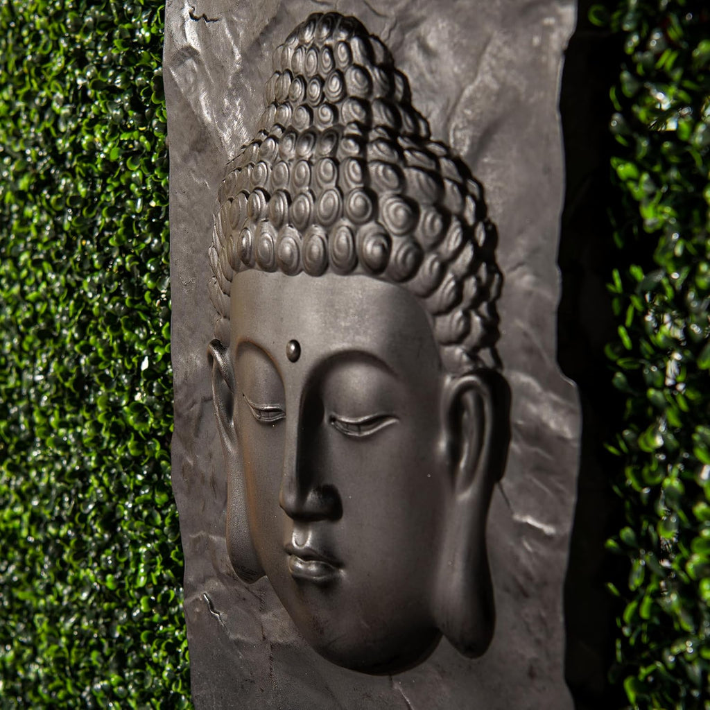 XBrand 30' H Buddha Water Fountain, Zen Wall Outdoor Garden Fountain w/Warm LED Light & Pump, Black Resin Water Fountain for Patio Backyard Home Decor