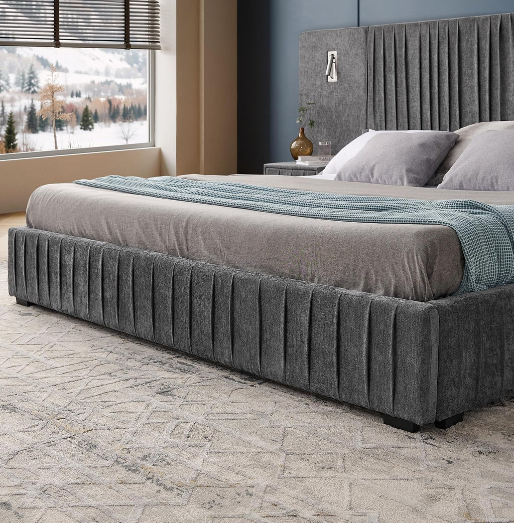 King Size Upholstered Platform Bed Frame with Headboard & Built-in Nightstand, Luxury Bed Frame for Modern Bedroom Sets, No Box Spring Needed, Stable & Adjustable Lighting(Dark Grey)