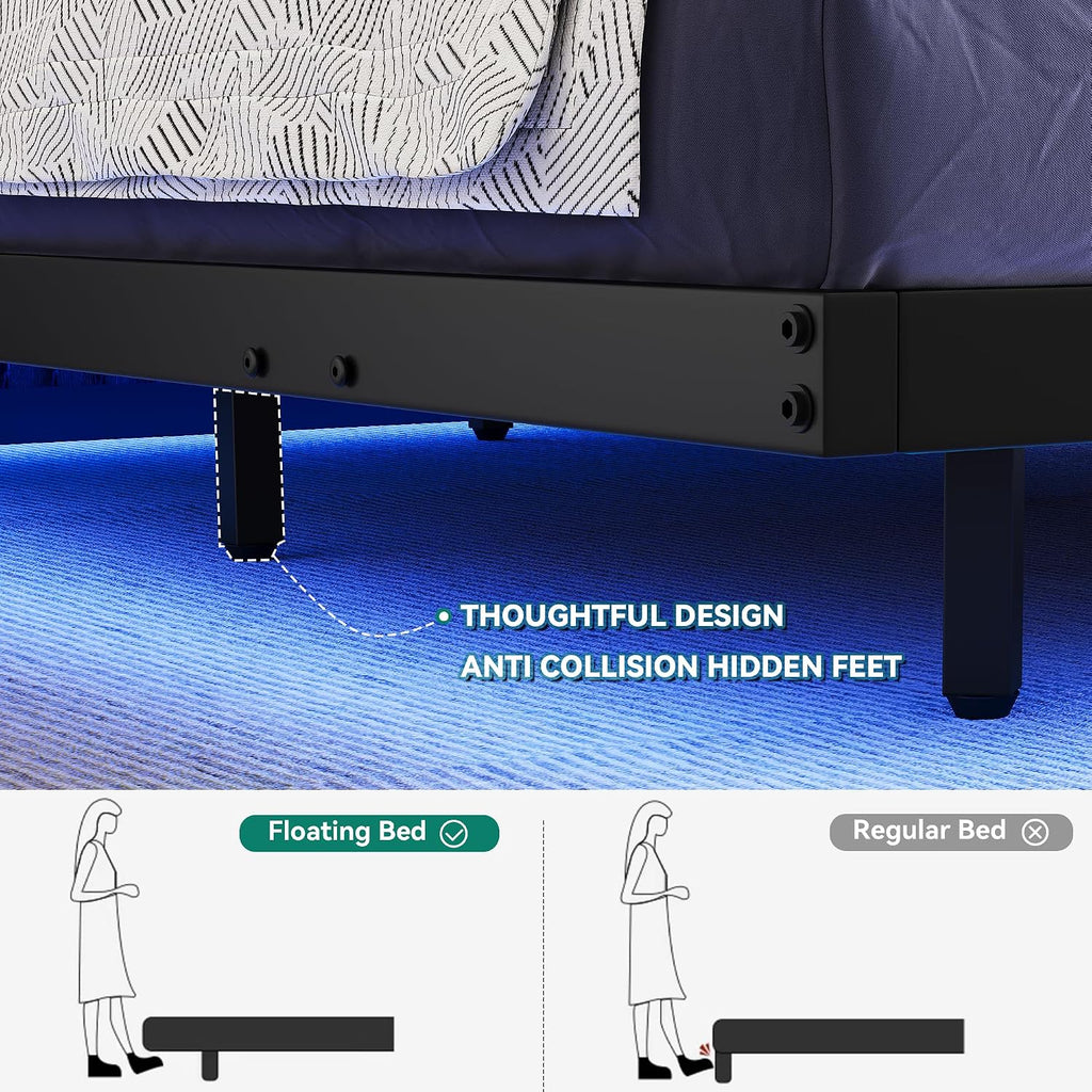 YITAHOME Floating Bed Frame King Size,Floating Bed with LED Lights & Charging Station, Metal Platform Bed Frame with Heavy Duty Steel Slats, No Box Spring Needed, Black