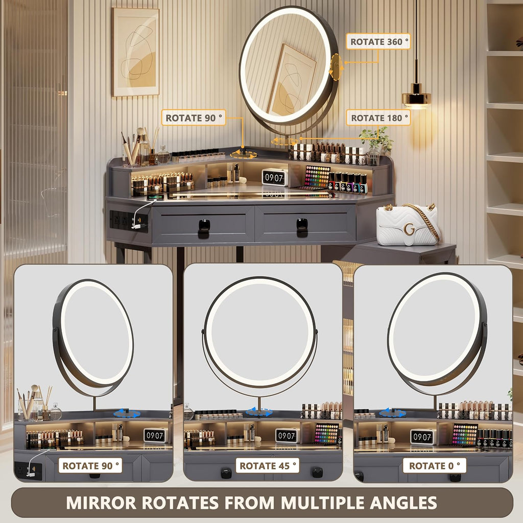 FREDEES Corner Vanity with Mirror and Lights,Modern Makeup Vanity Set with Power Outlet,Large Storage Dressing Table with Drawers and Shelves for Women/Girls,Grey