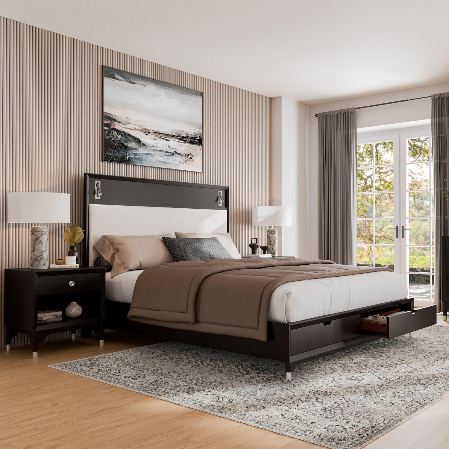 Furniture of America Forma Modern Solid Wood 3-Piece Bedroom Set with Storage Bed with LED Reading Lights, Ball-Bearing Glide, USB Charging Ports on Nightstands, No Box Spring Needed, Queen, Black