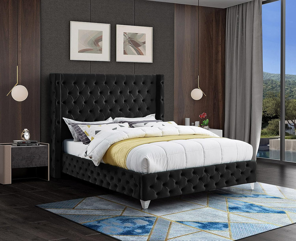 Meridian Furniture SavanBlack-F Savan Collection Modern | Contemporary Velvet Upholstered Bed with Deep Button Tufting in Gold or Chrome Finish, 66' W x 81' D x 56' H, Black, Full
