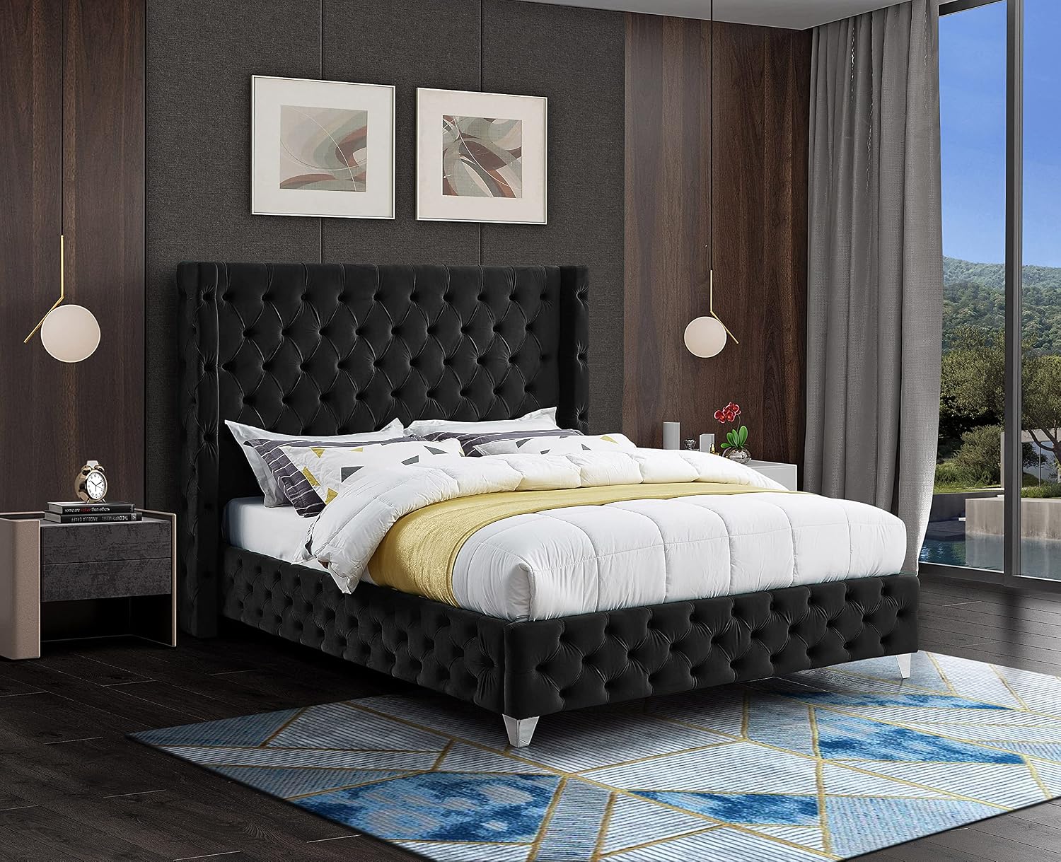 Meridian Furniture SavanBlack-F Savan Collection Modern | Contemporary Velvet Upholstered Bed with Deep Button Tufting in Gold or Chrome Finish, 66' W x 81' D x 56' H, Black, Full