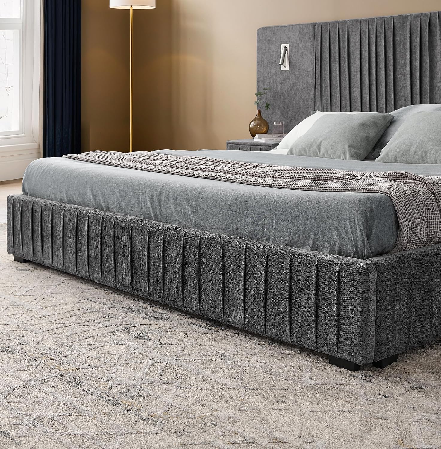 Queen Size Upholstered Platform Bed Frame with Headboard & Built-in Nightstand, Luxury Bed Frame for Modern Bedroom Sets, No Box Spring Needed, Stable & Adjustable Lighting(Dark Grey)