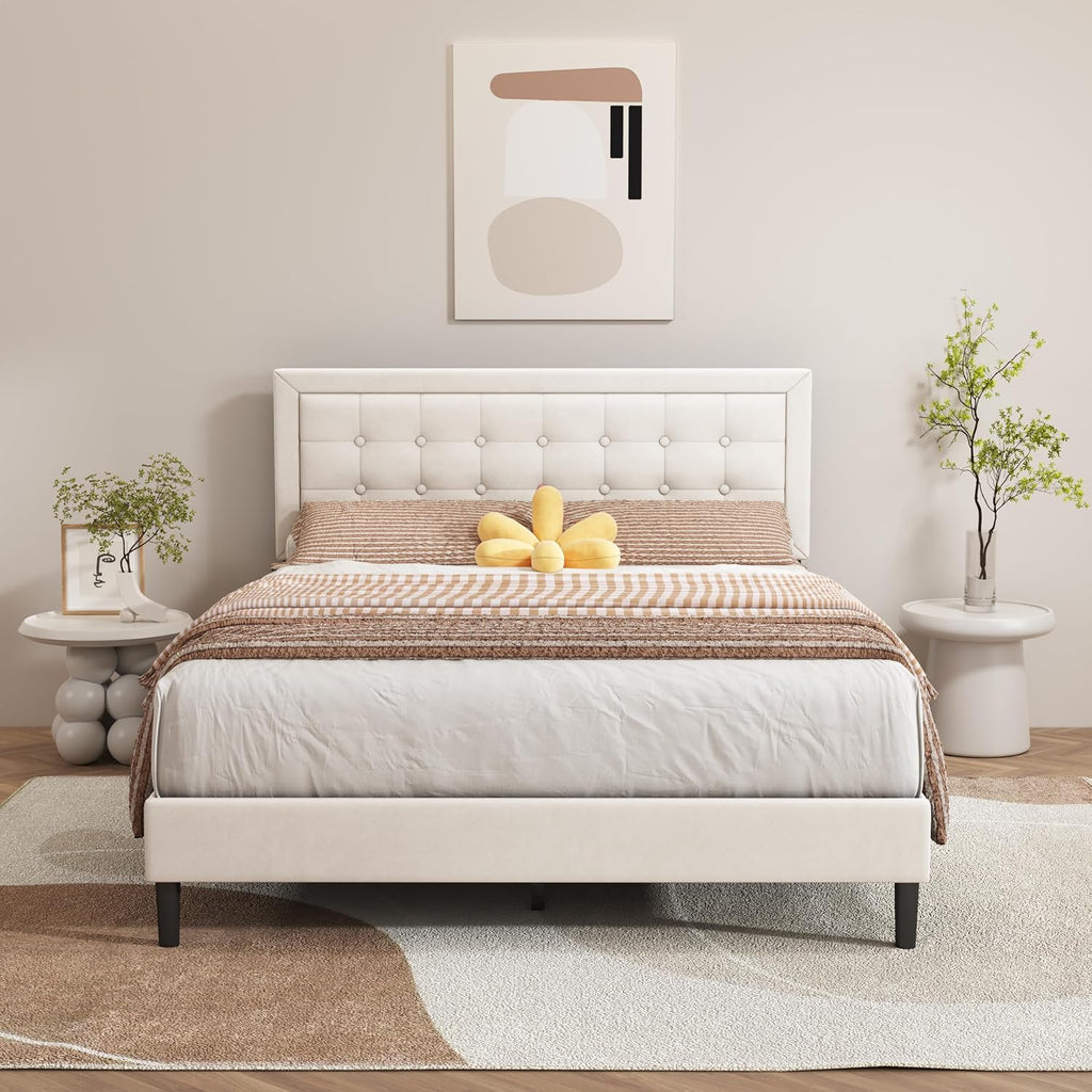 alazyhome Queen Size Beige Modern Upholstered Platform Bed Frame with Button Tufting Headboard Solid Wood Slats Support No Box Spring Needed Easy Assembly