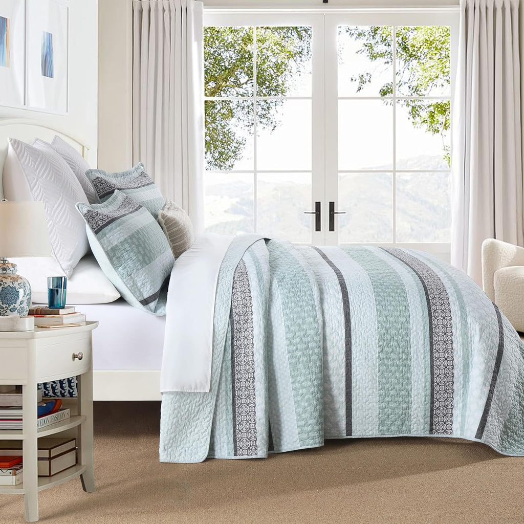 Homzard King Size Quilt,Cotton King Size Comforter Set,Mint Green Grey Bedding Set,Striped Bedspread,Lightweight Summer Comforter Sets 3 Piece