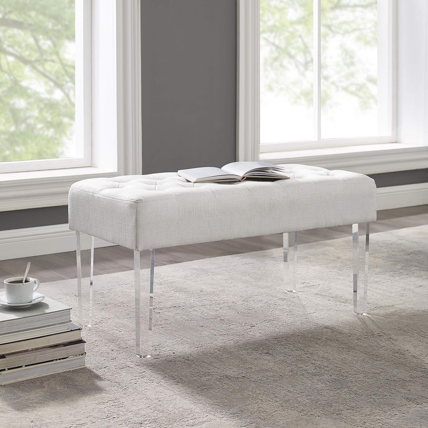 Linon Ella Glitz Acrylic Leg Bench, 35'Wx17'Dx18'H, White