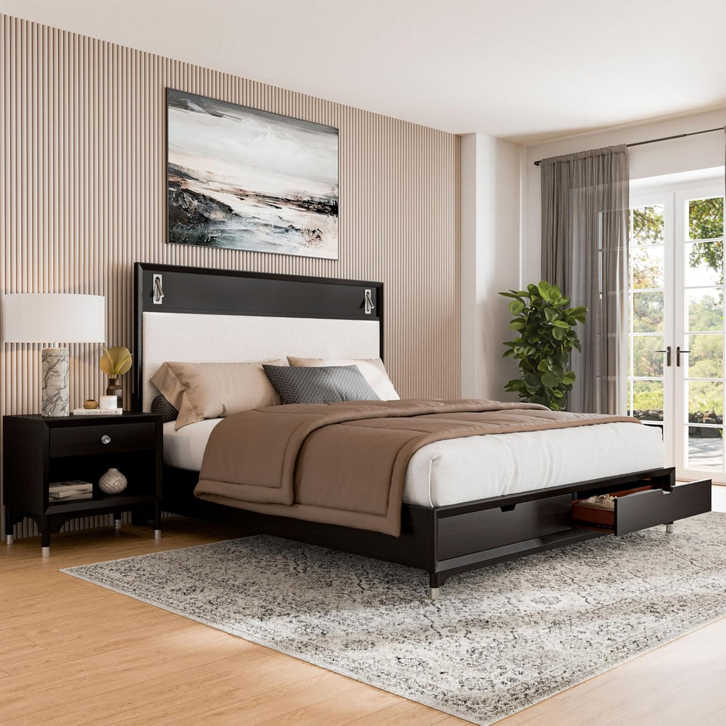 Furniture of America Forma Modern Solid Wood 2-Piece Bedroom Set with Storage Bed with LED Reading Lights, Ball-Bearing Glide, USB Charging Ports on Nightstands, No Box Spring Needed, King, Black