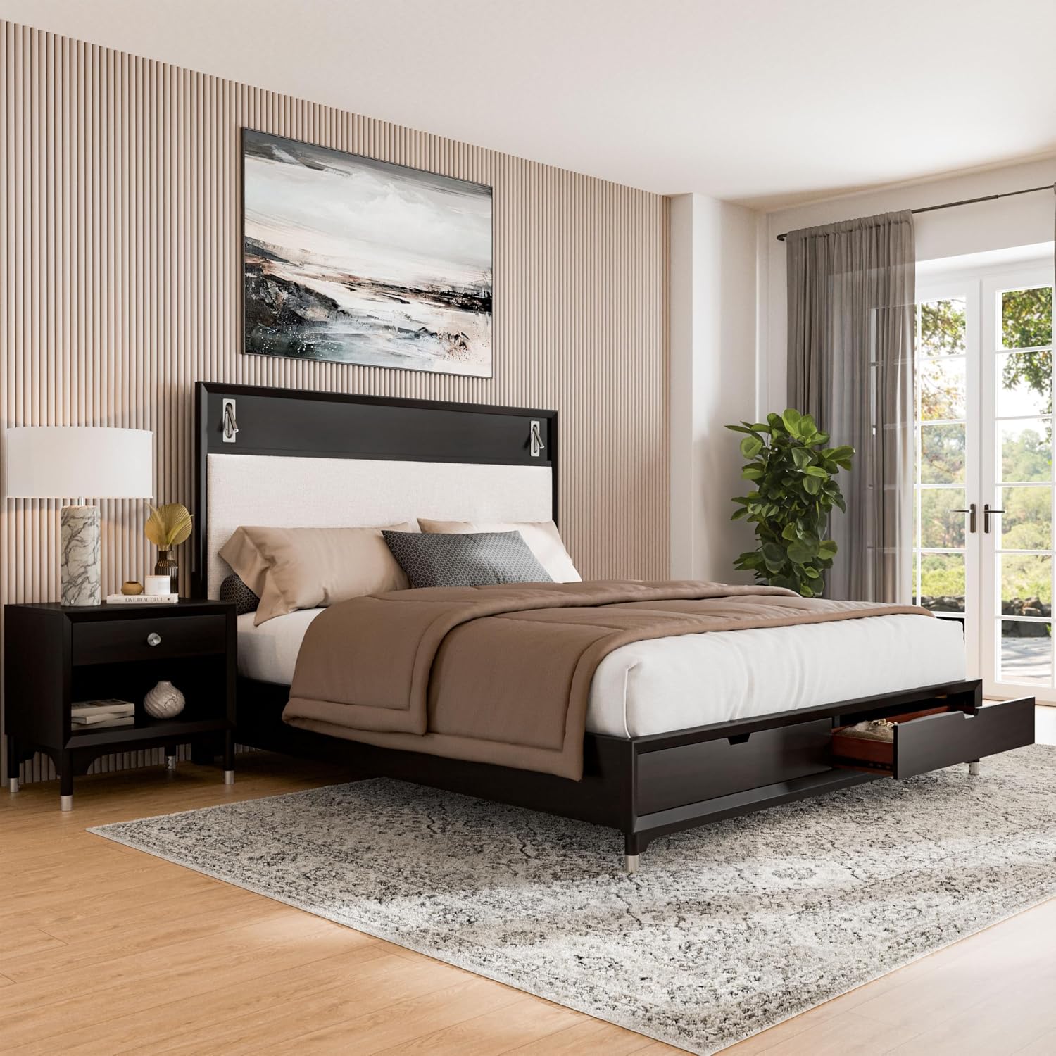 Furniture of America Forma Modern Solid Wood 2-Piece Bedroom Set with Storage Bed with LED Reading Lights, Ball-Bearing Glide, USB Charging Ports on Nightstands, No Box Spring Needed, King, Black