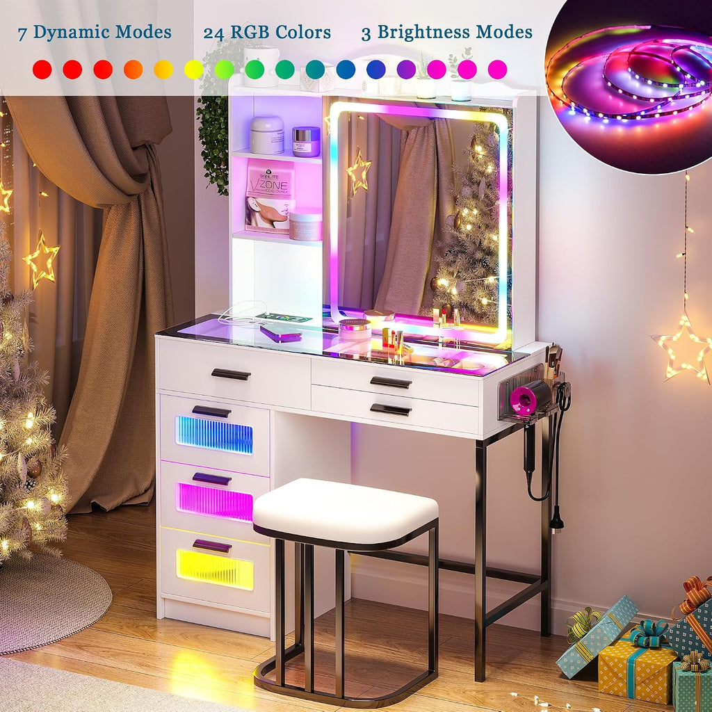 WOOVIVS Glass Top Vanity with LED Mirror, 6 Drawer Dresser with Charging Station for Bedroom, Small Makeup Vanitys Table with RGB Light, Vanity Set with Chair,Jewelry Organizer for Girls-White