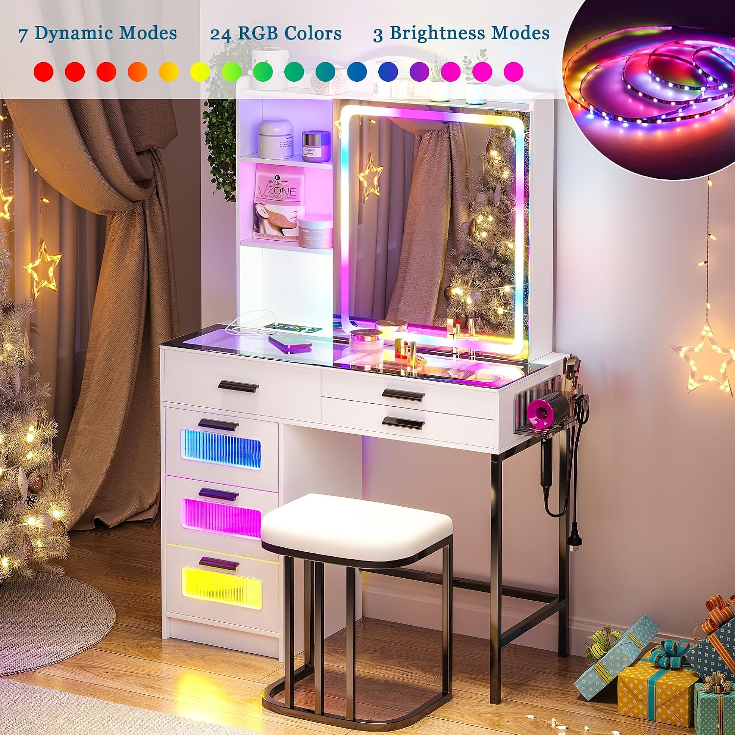 WOOVIVS Glass Top Vanity with LED Mirror, 6 Drawer Dresser with Charging Station for Bedroom, Small Makeup Vanitys Table with RGB Light, Vanity Set with Chair,Jewelry Organizer for Girls-White