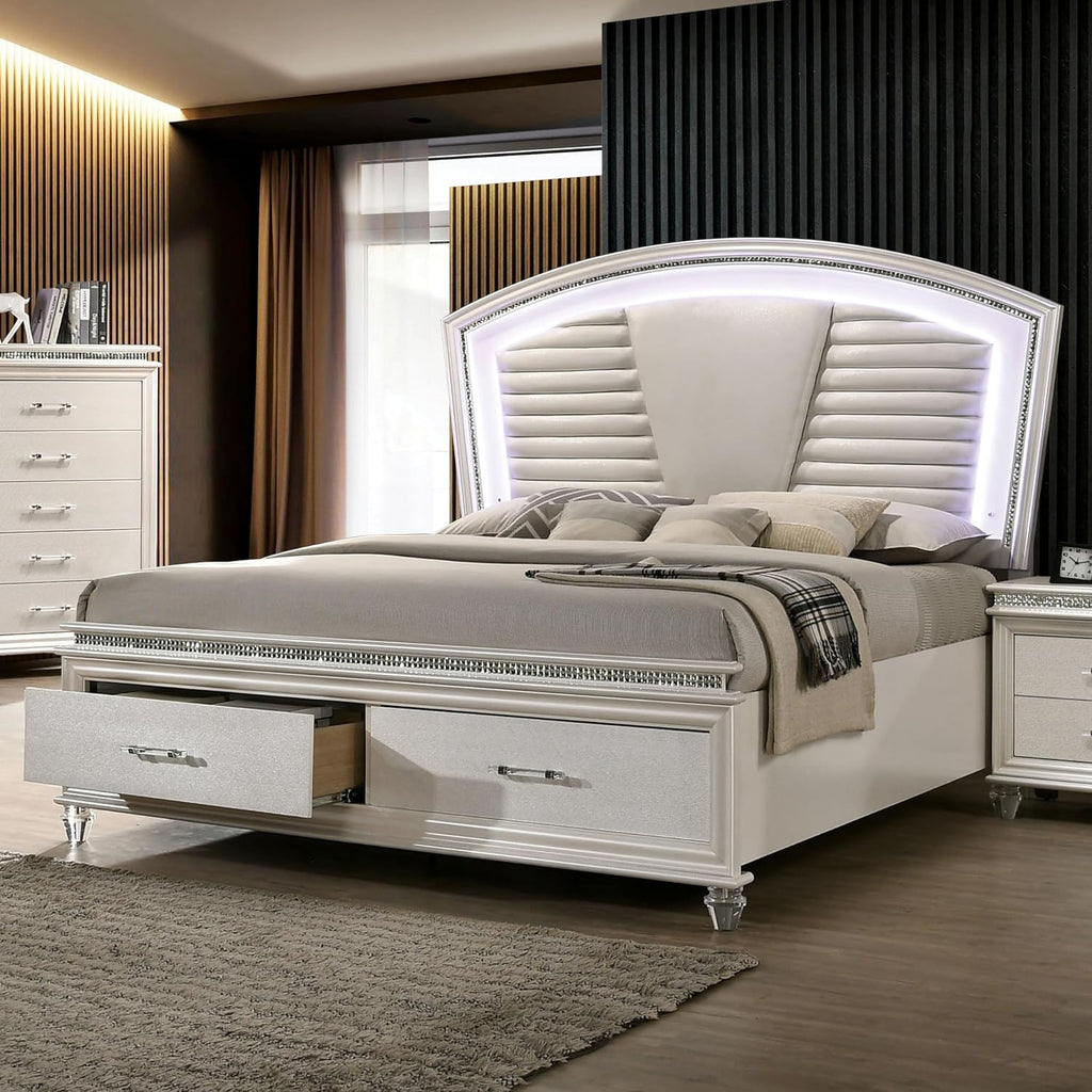 HOMES: Inside + Out Bevill Wood 2-Piece Bedroom Set, King Size Platform Bed with LED Light, Upholstered Headboard and 2-Drawer Nightstand, No Box Spring Required, Pearl White
