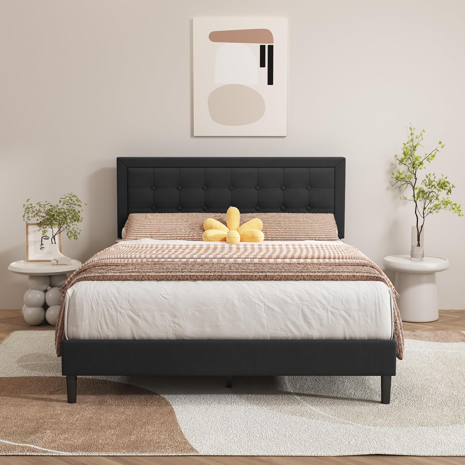 alazyhome Queen Size Black Modern Upholstered Platform Bed Frame with Button Tufting Headboard Solid Wood Slats Support No Box Spring Needed Easy Assembly