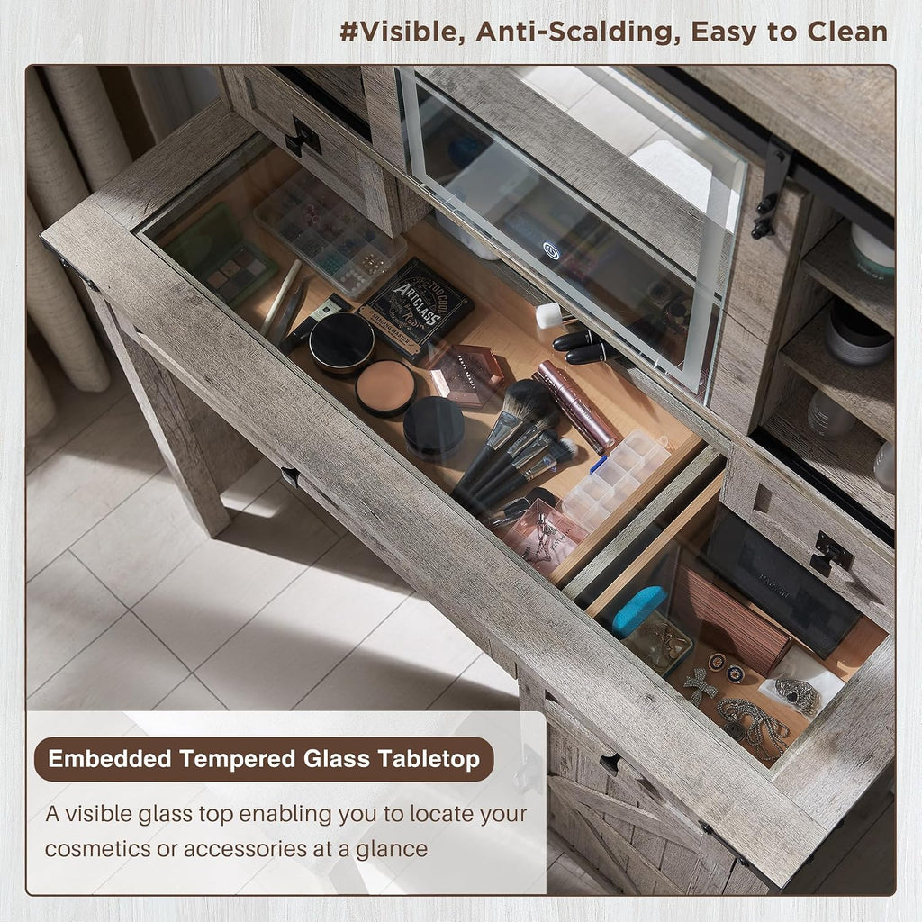 T4TREAM Farmhouse Makeup Vanity Desk with Sliding Mirror and Lights, 42'' Glass Tabletop Vanity Table with 2 Drawers & Shelves, Rustic Big Vanity Set for Bedroom, Light Rustic Oak