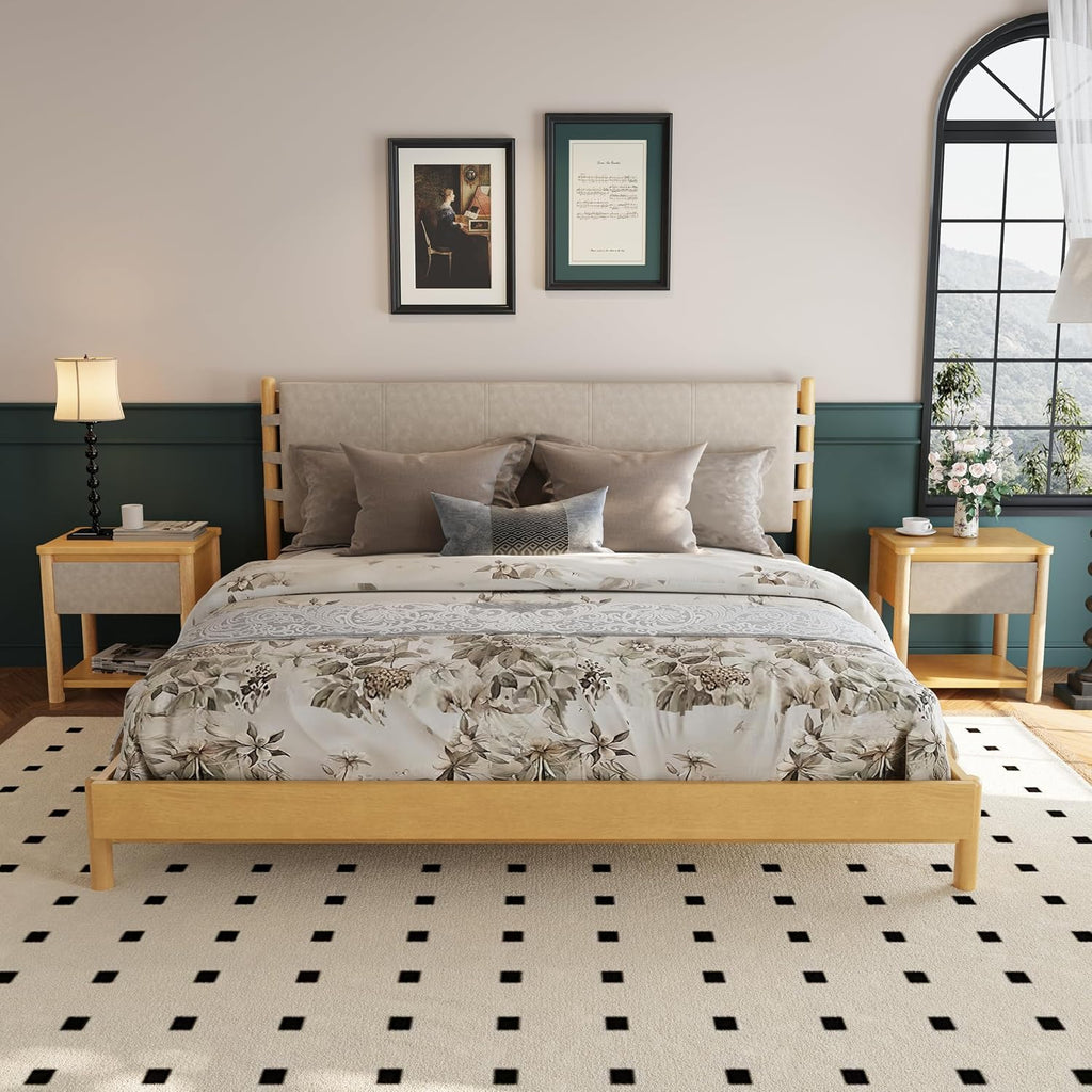 King Bed Frame Set with Nightstands: 600lbs Support Bedroom Furniture - 3-Piece Beige Wood Platform Bed & Matching Bedside Tables for Master Bedroom