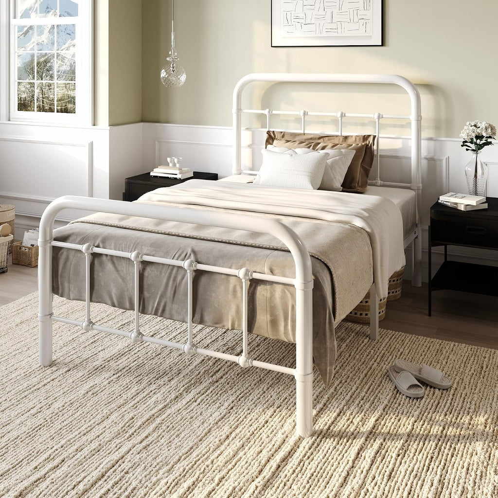 SHA CERLIN Twin Size Metal Platform Bed Frame with Vintage Style Headboard and Footboard, Heavy Duty Mattress Foundation, No Box Spring Needed, Easy Assembly, White