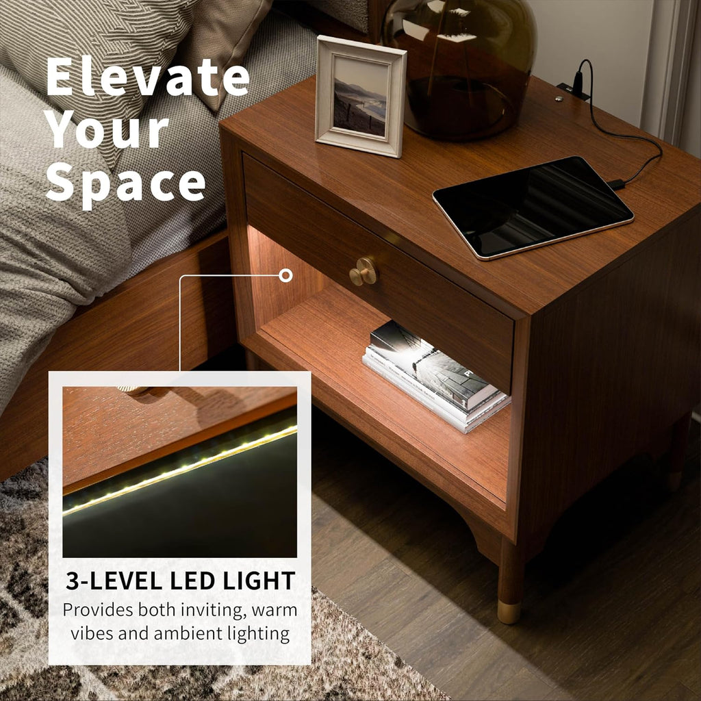 Furniture of America Forma Modern Solid Wood 3-Piece Bedroom Set with Upholstered Bed with LED Lights, Ball-Bearing Glide on Nightstand and Chest, No Box Spring Needed, Queen, Walnut