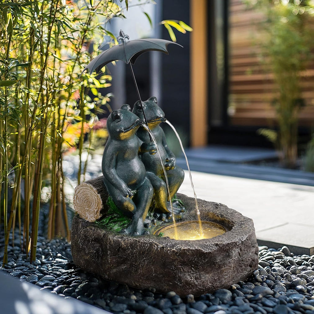 21' Frog Outdoor Water Fountain with LED Lights, Whimsical Resin Tabletop Waterfall Fountain Under Umbrella, Soothing Zen Garden Decor for Patio, Yard, Porch & Deck, Faux Bronze