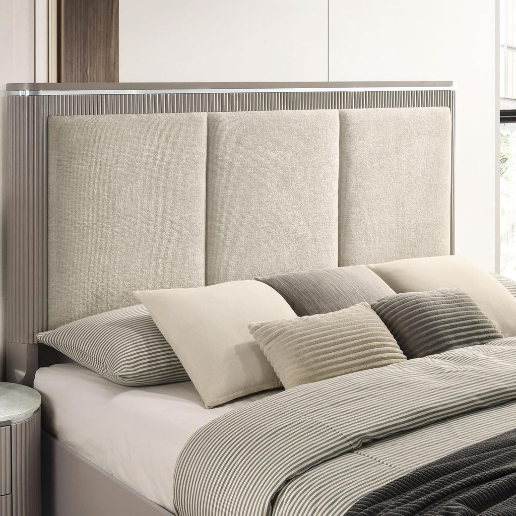 Furniture of America Vito Modern Solid Wood 2-Piece Bedroom Set with Upholstered Bed, Cultered Stone Top, Felt-Lined Top Drawer, Metal Side Glide on Nightstand, Box Spring Required, King, Light Gray