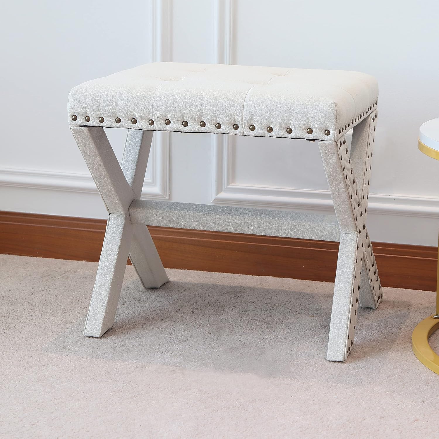AC Pacific Modern Chic Vanity Stool Upholstered Chair with Soft Linen Fabric, Nailhead Trim, Tufted Seat and Solid Wood Frame, 17' D x 19' W x 20' H Set of 2, Beige