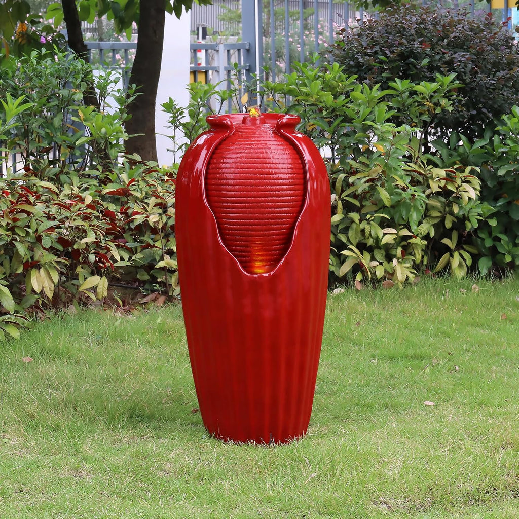 Teamson Home Glazed Vase Floor Freestanding Water Fountain with LED Lights and Pump for Outdoor Patio Backyard Deck Plant Garden Décor, 32 Inch Height, Red