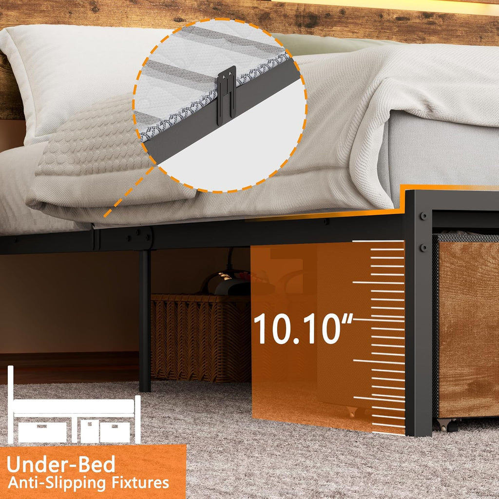 Forestell Full Size Bed Frame with Wood Headboard, Metal Platform Bed with 2 Storage Drawers & Shelf, Built in Charging Station & LED Lights, No Box Spring Needed, Vintage Brown, Camas Full