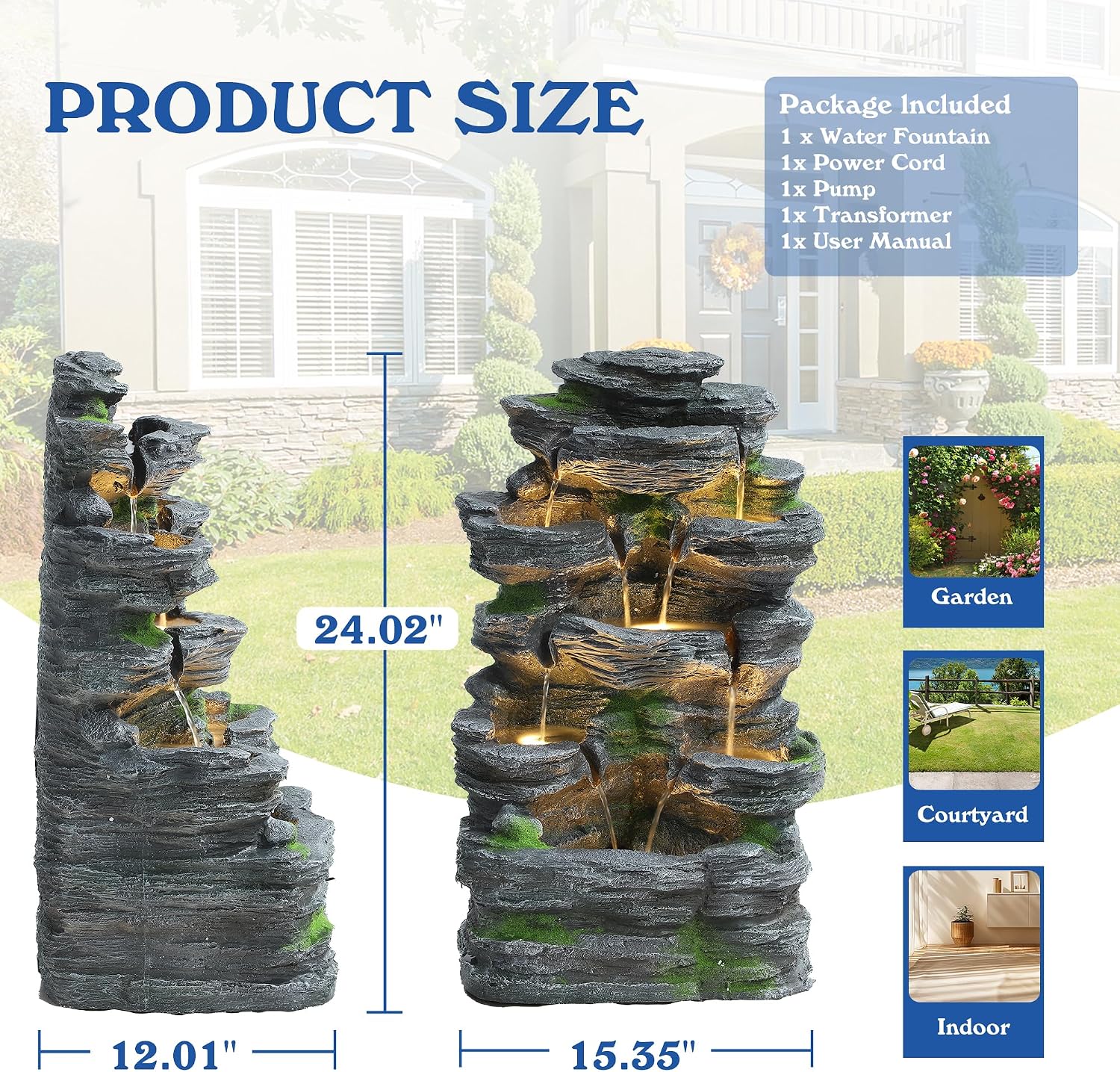 Cascading Rock Water Fountain Outdoor - Waterfalls Fountains with LED Lights, Outdoor/Indoor Resin Fountain for Patio, Garden, Backyard, Deck, Porch, Home Art Docor (24' H)