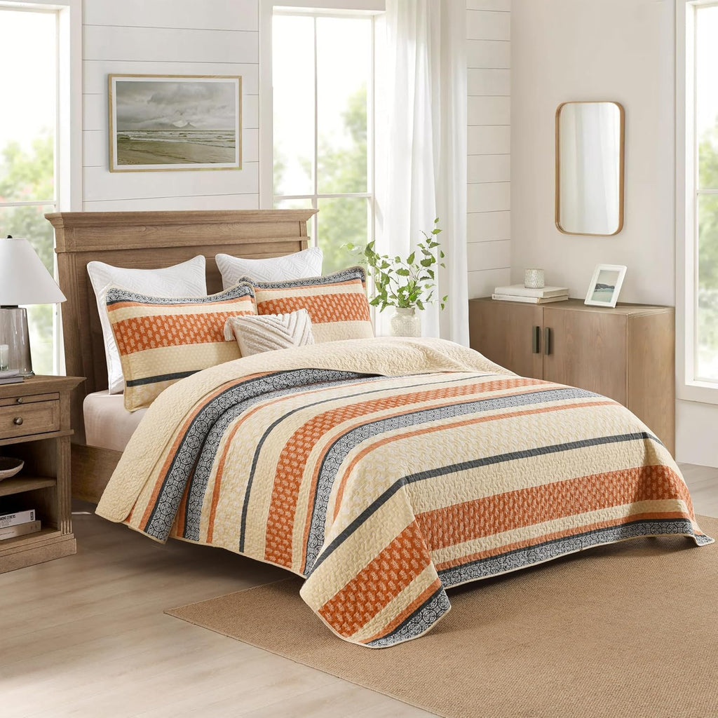 Homzard Quilt King Size, Cotton Orange Gray Black Striped Quilt Bedding Set,Floral Comforter Set King Size,Fall Lightweight Bedspread with Shams,3 Piece All Season