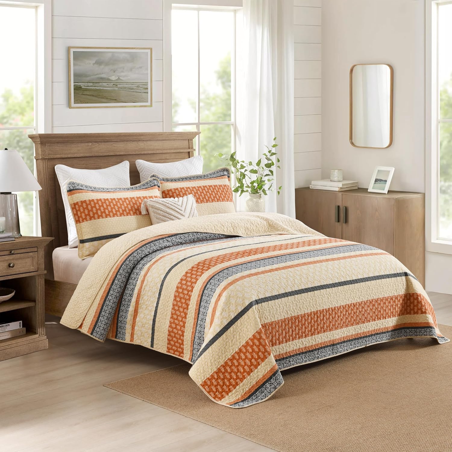 Homzard Quilt King Size, Cotton Orange Gray Black Striped Quilt Bedding Set,Floral Comforter Set King Size,Fall Lightweight Bedspread with Shams,3 Piece All Season